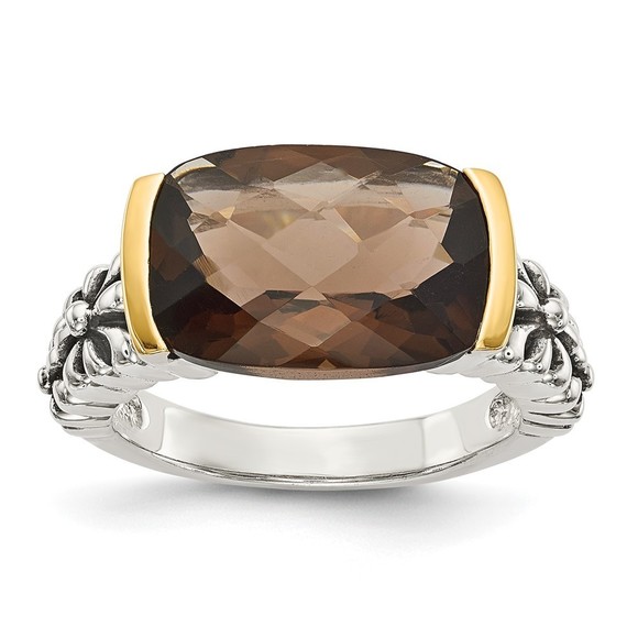 925 Sterling Silver w 14K acct Antiqued Cushion Checkerboard Smoky